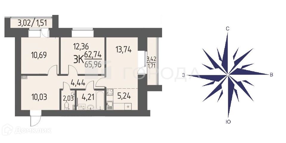 Продаётся 3-комнатная квартира, 65.96 м²
