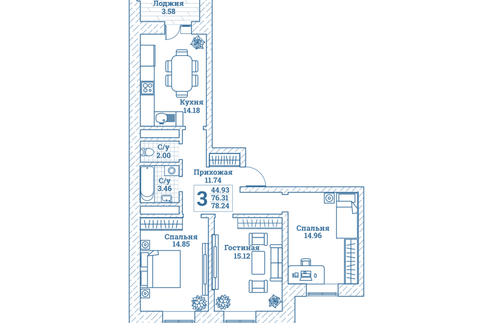 Продаётся 3-комнатная квартира, 78.5 м²