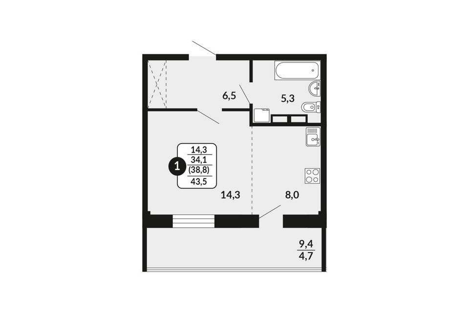 Продаётся 1-комнатная квартира, 38.8 м²