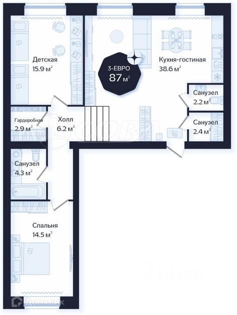 Продаётся 2-комнатная квартира, 87 м²