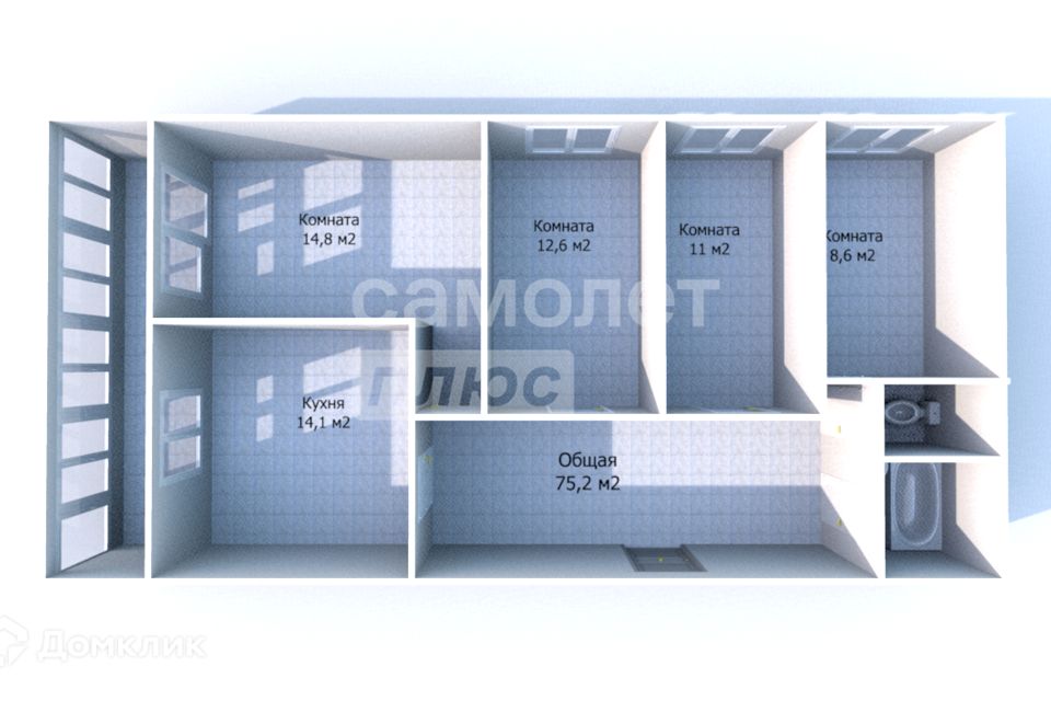 Продаётся 4-комнатная квартира, 75.2 м²