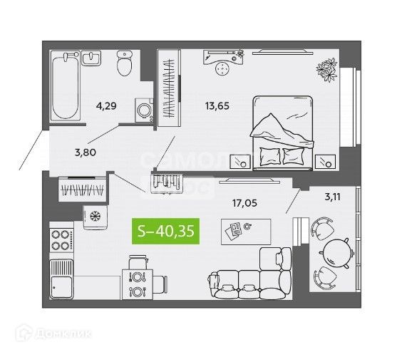 Продаётся 1-комнатная квартира, 40.35 м²