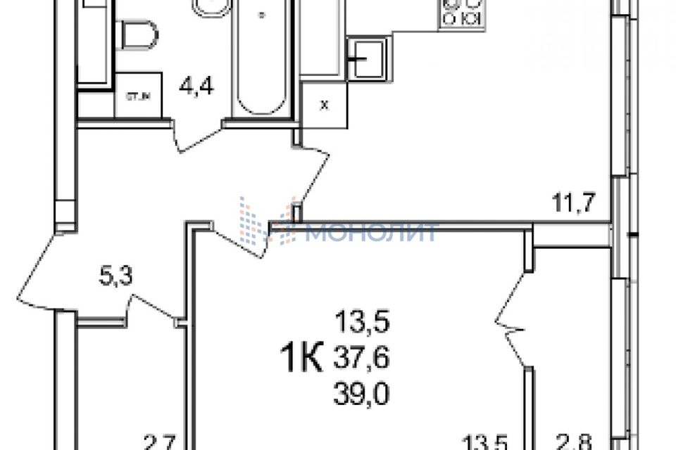 Продаётся 1-комнатная квартира, 39 м²