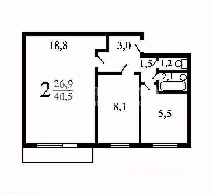 Продаётся 2-комнатная квартира, 40.5 м²