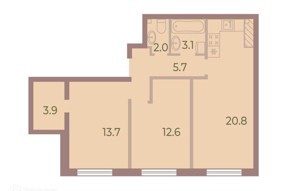 Продаётся 2-комнатная квартира, 61.4 м²