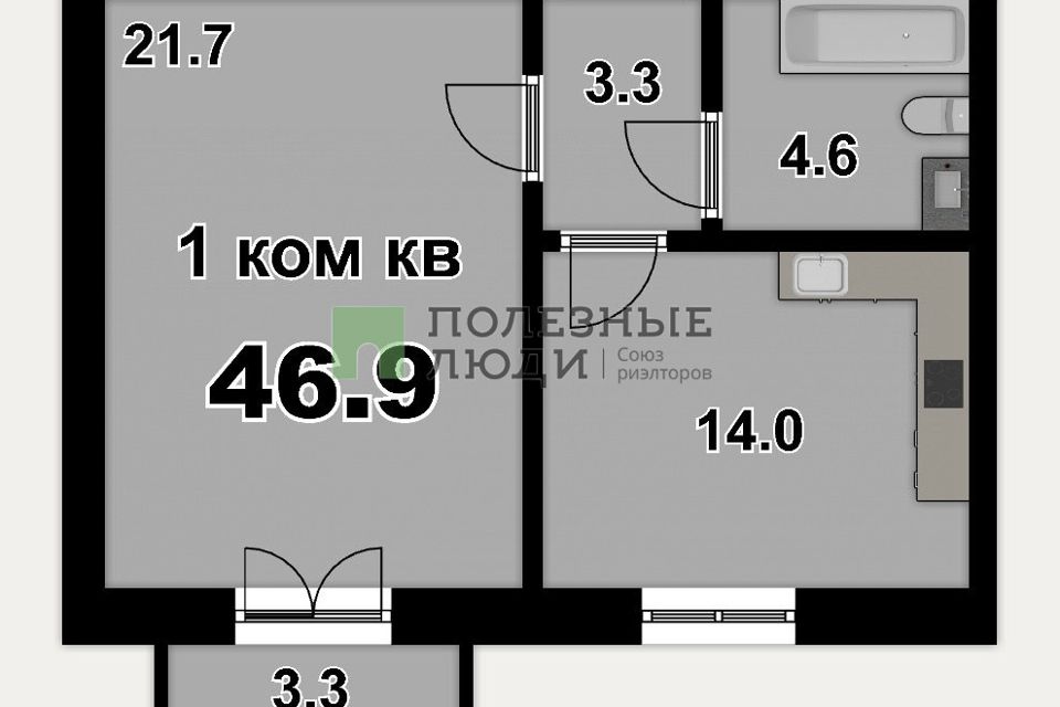 Продаётся 1-комнатная квартира, 46.9 м²