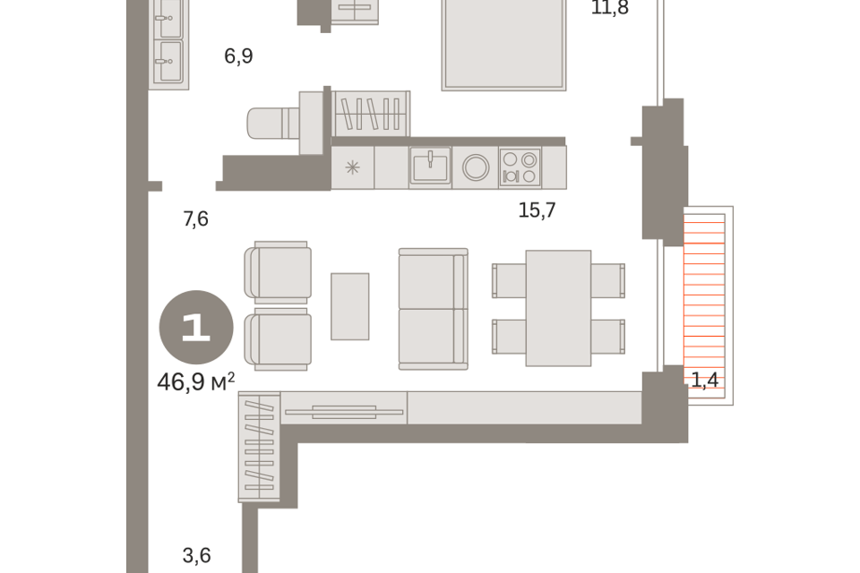 Продаётся 1-комнатная квартира, 47.39 м²