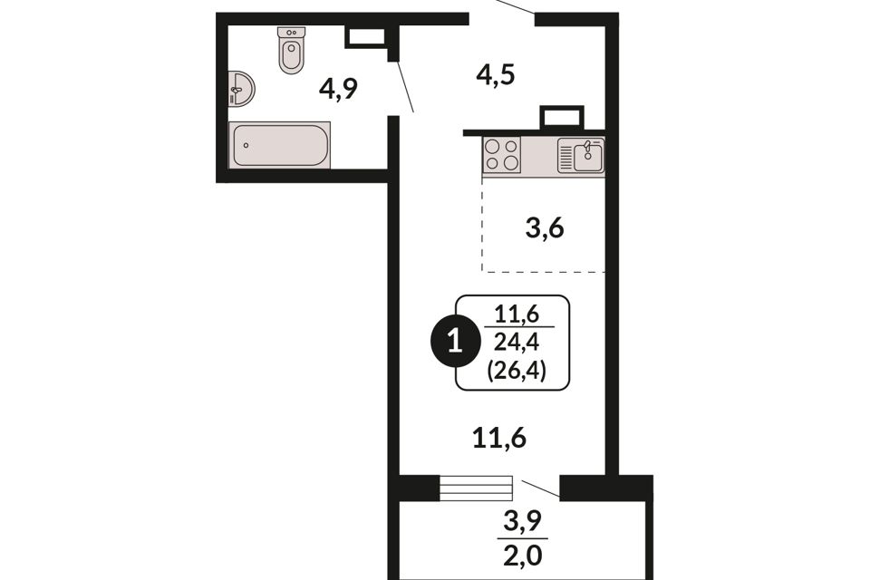 Продаётся 1-комнатная квартира, 26.4 м²