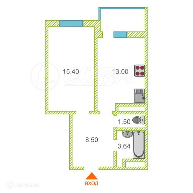 Продаётся 1-комнатная квартира, 39.4 м²
