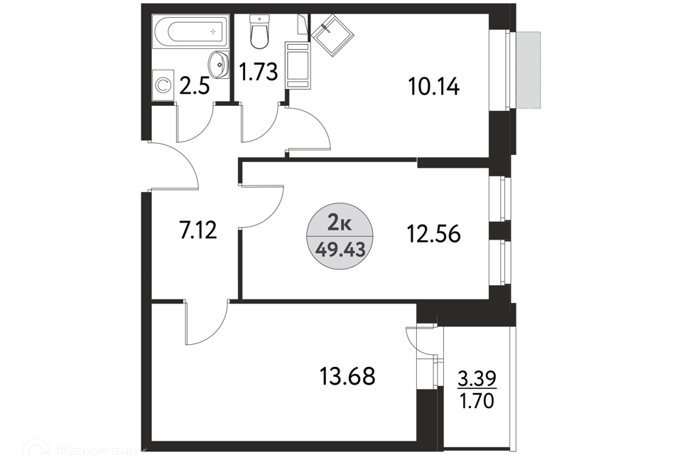 Продаётся 2-комнатная квартира, 49.43 м²