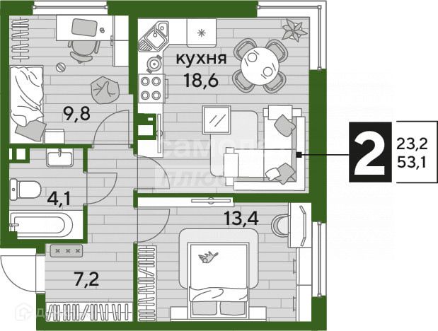 Продаётся 2-комнатная квартира, 53.1 м²