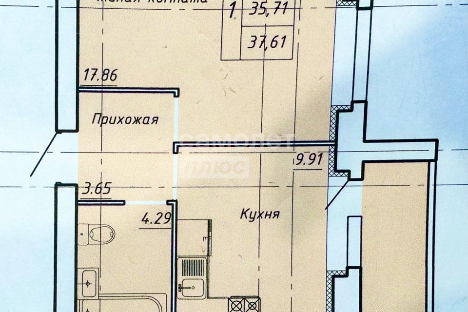 Продаётся 1-комнатная квартира, 37.61 м²
