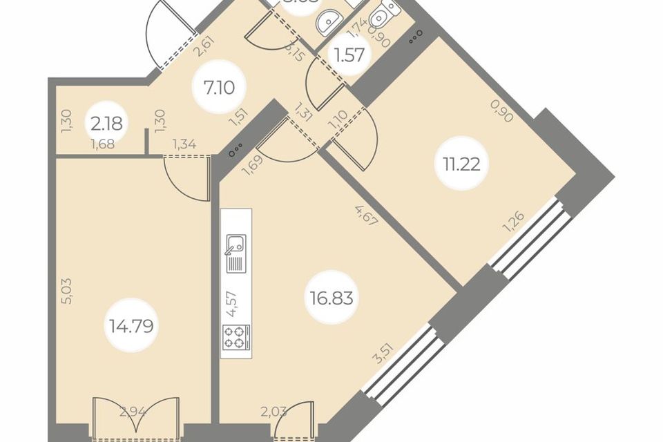Продаётся 2-комнатная квартира, 58.39 м²