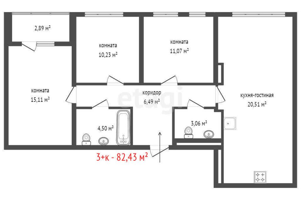 Продаётся 3-комнатная квартира, 82.43 м²