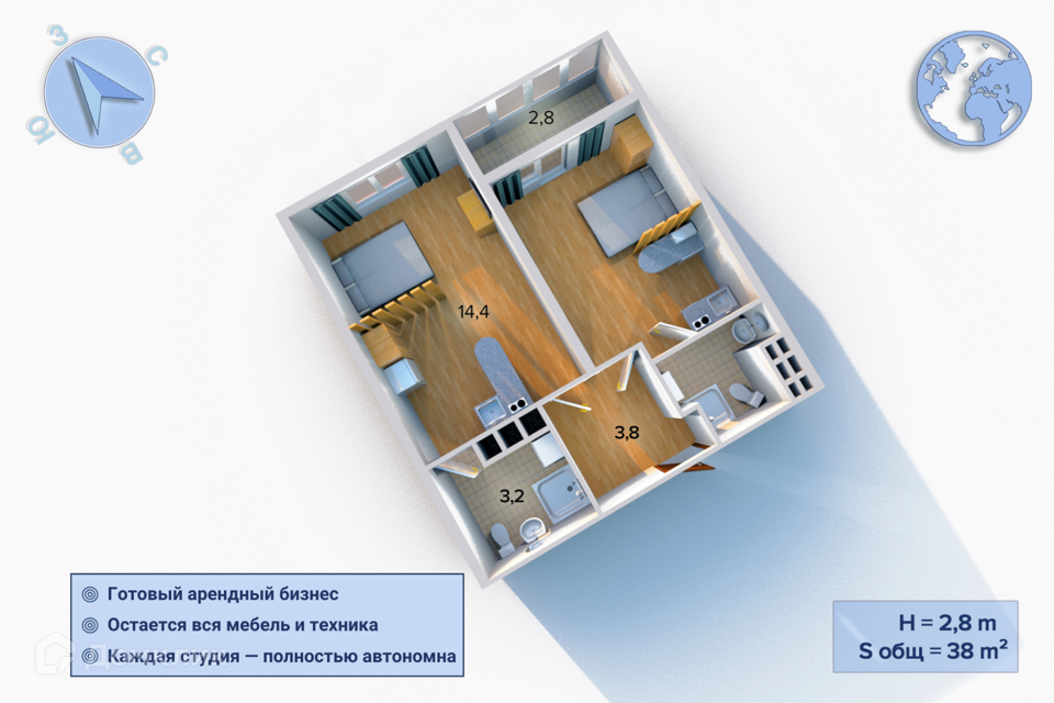 Продаётся 1-комнатная квартира, 36.6 м²