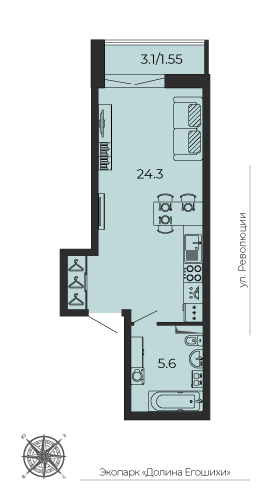 Продаётся 1-комнатная квартира, 31.25 м²