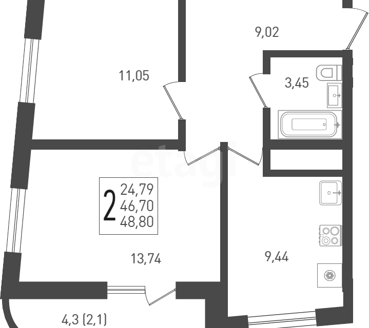 Продаётся 2-комнатная квартира, 48.8 м²