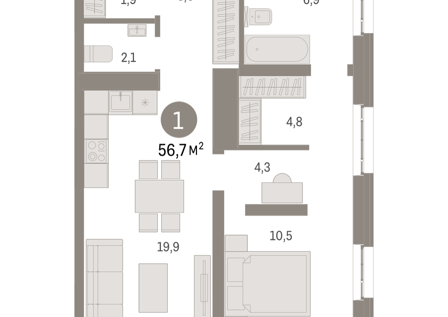 Продаётся 1-комнатная квартира, 56.7 м²