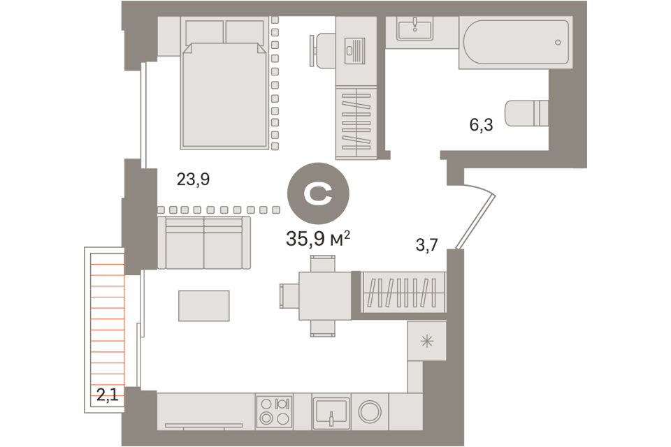 Продаётся студия, 35.7 м²