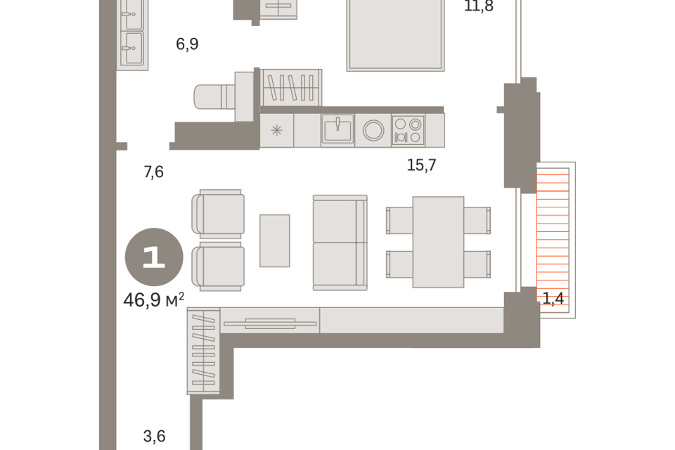 Продаётся 1-комнатная квартира, 47.39 м²