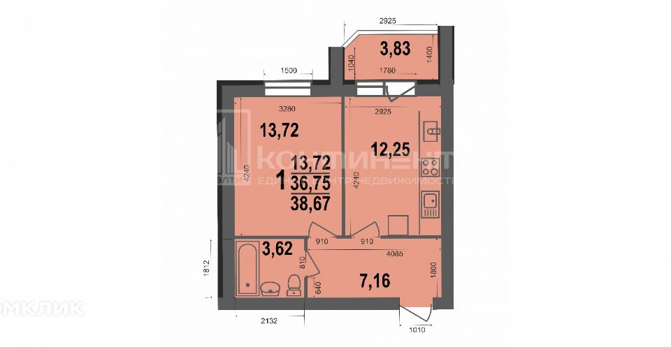 Продаётся 1-комнатная квартира, 38.7 м²