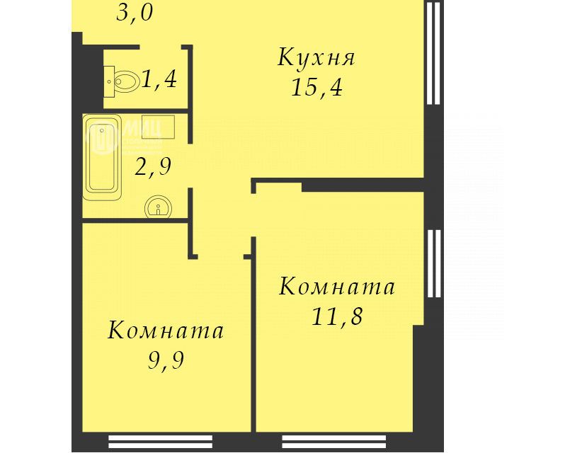 Продаётся 2-комнатная квартира, 46.3 м²