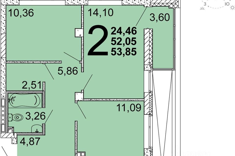 Продаётся 2-комнатная квартира, 54.2 м²