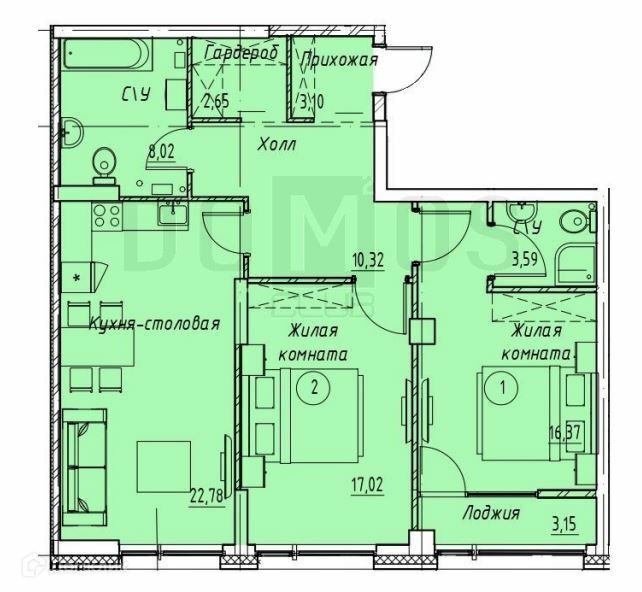 Продаётся 2-комнатная квартира, 86.3 м²