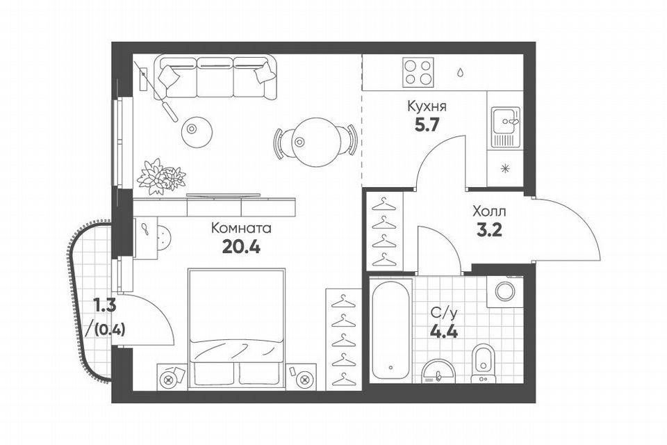Продаётся 1-комнатная квартира, 34.1 м²