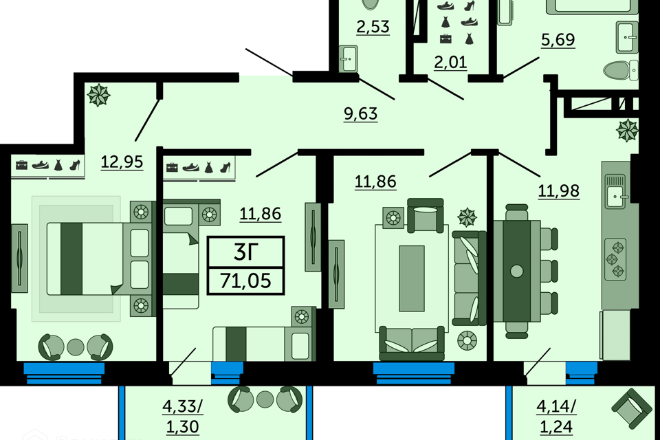 Продаётся 3-комнатная квартира, 70.6 м²