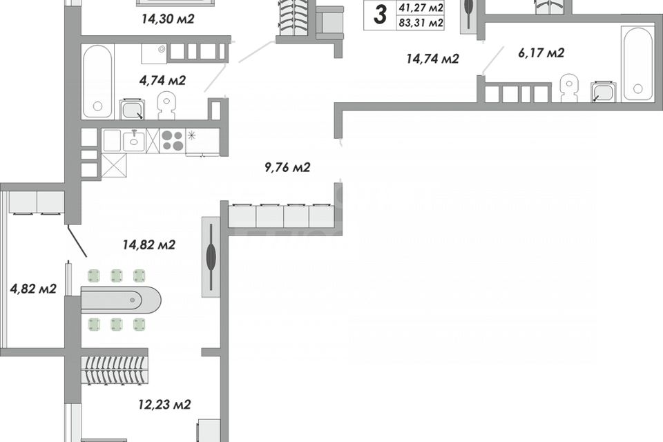 Продаётся 3-комнатная квартира, 83.31 м²