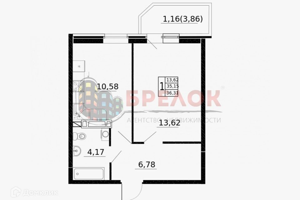 Продаётся 1-комнатная квартира, 36.31 м²