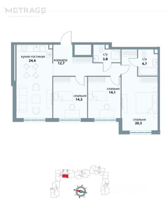 Продаётся 3-комнатная квартира, 94.2 м²