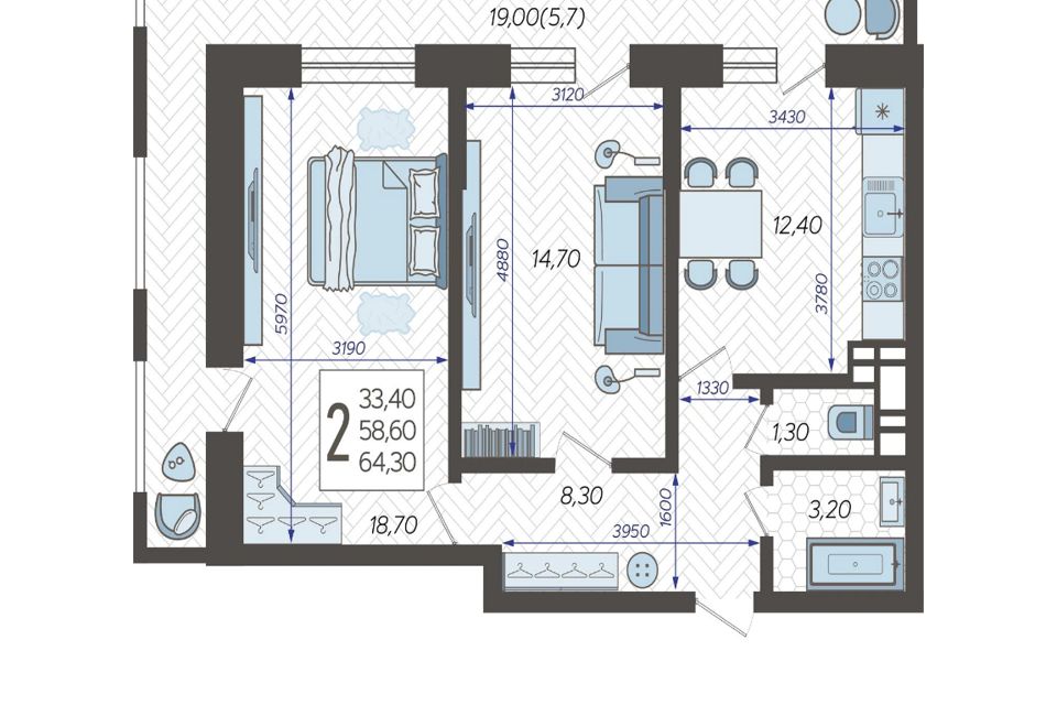 Продаётся 2-комнатная квартира, 64.3 м²