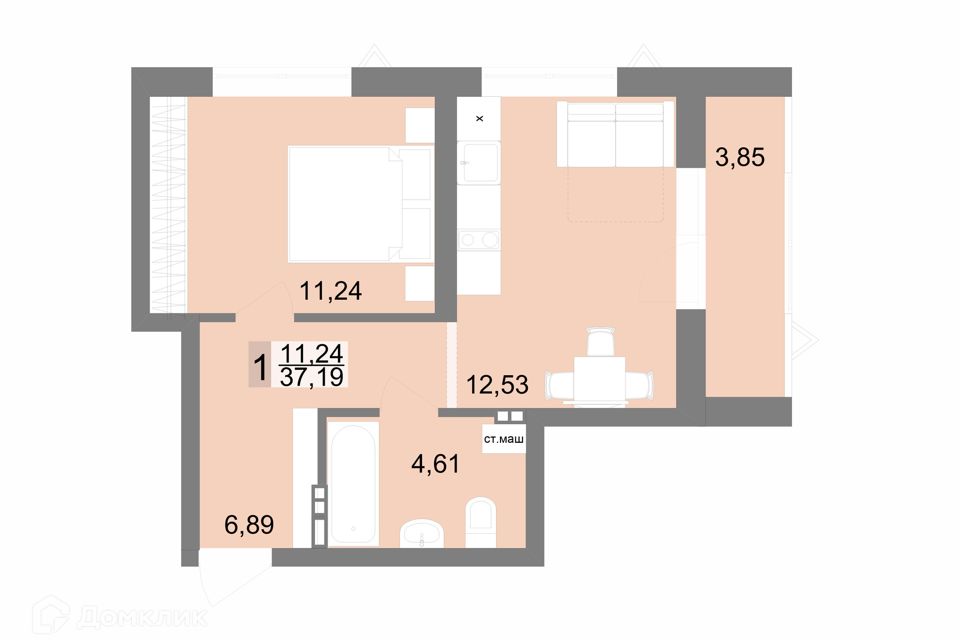 Продаётся 1-комнатная квартира, 37.9 м²