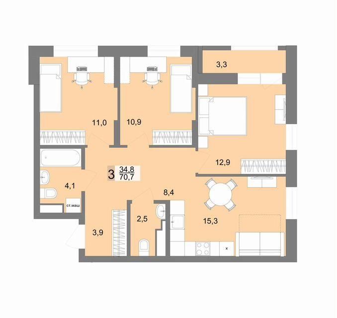 Продаётся 3-комнатная квартира, 69.7 м²