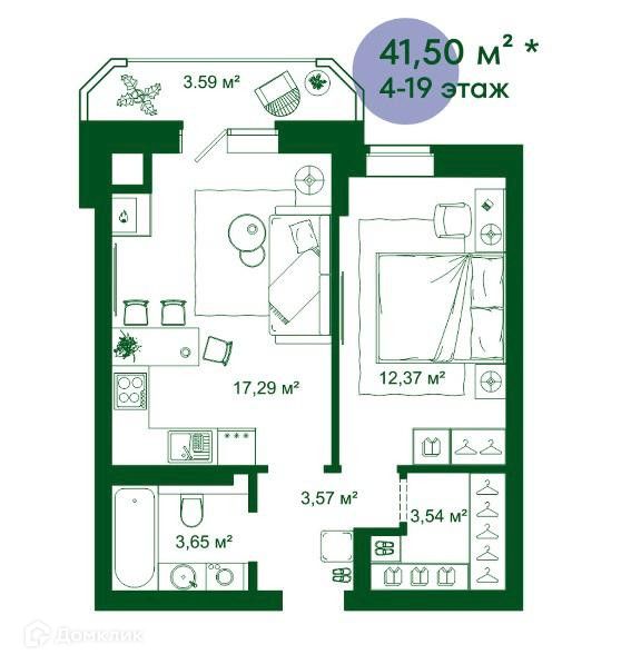 Продаётся 1-комнатная квартира, 42 м²