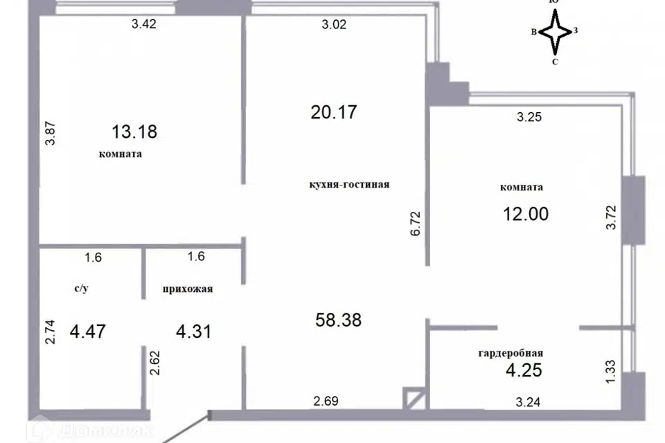 Продаётся 2-комнатная квартира, 59.9 м²