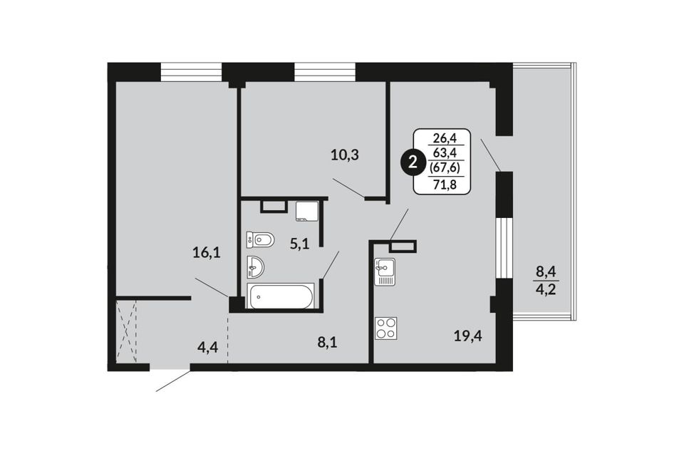Продаётся 2-комнатная квартира, 67.6 м²