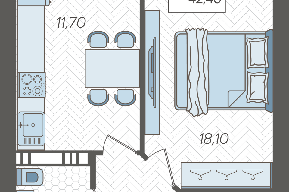 Продаётся 1-комнатная квартира, 42.4 м²