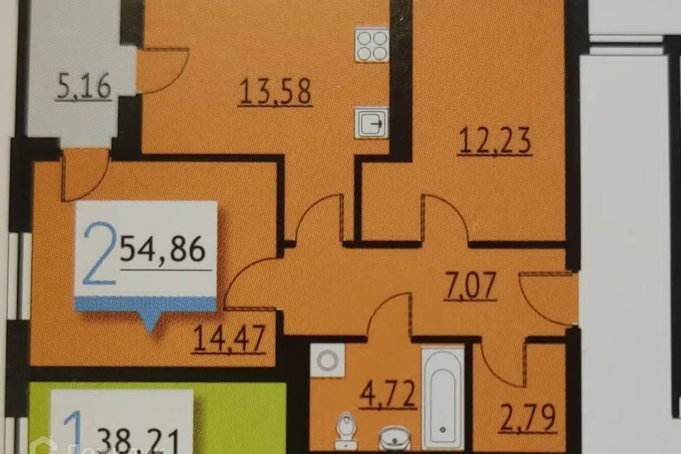 Продаётся 2-комнатная квартира, 54.8 м²
