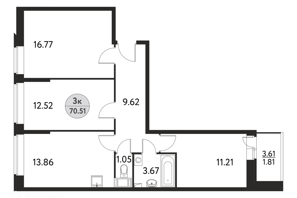 Продаётся 3-комнатная квартира, 72.9 м²