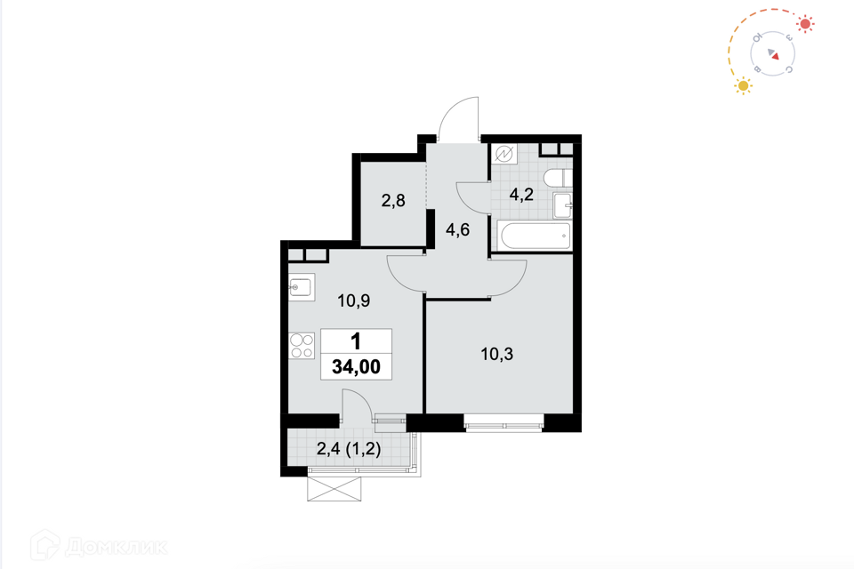 Продаётся 1-комнатная квартира, 34 м²