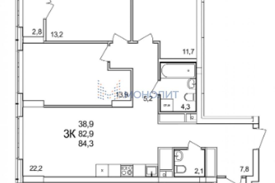 Продаётся 3-комнатная квартира, 84.3 м²