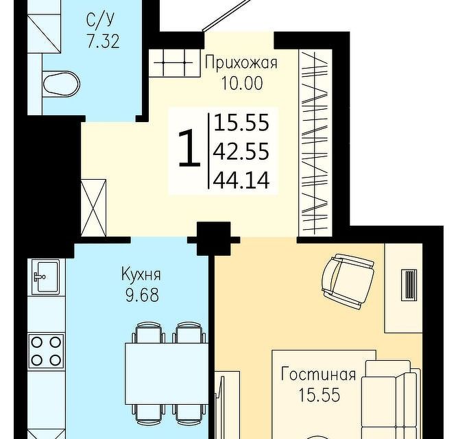 Продаётся 1-комнатная квартира, 44.14 м²