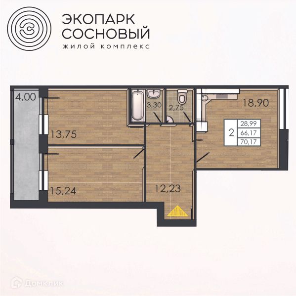 Продаётся 2-комнатная квартира, 66 м²
