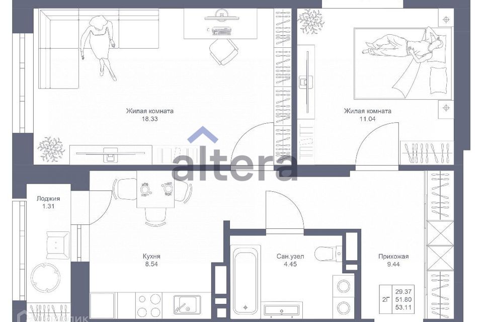 Продаётся 2-комнатная квартира, 54 м²