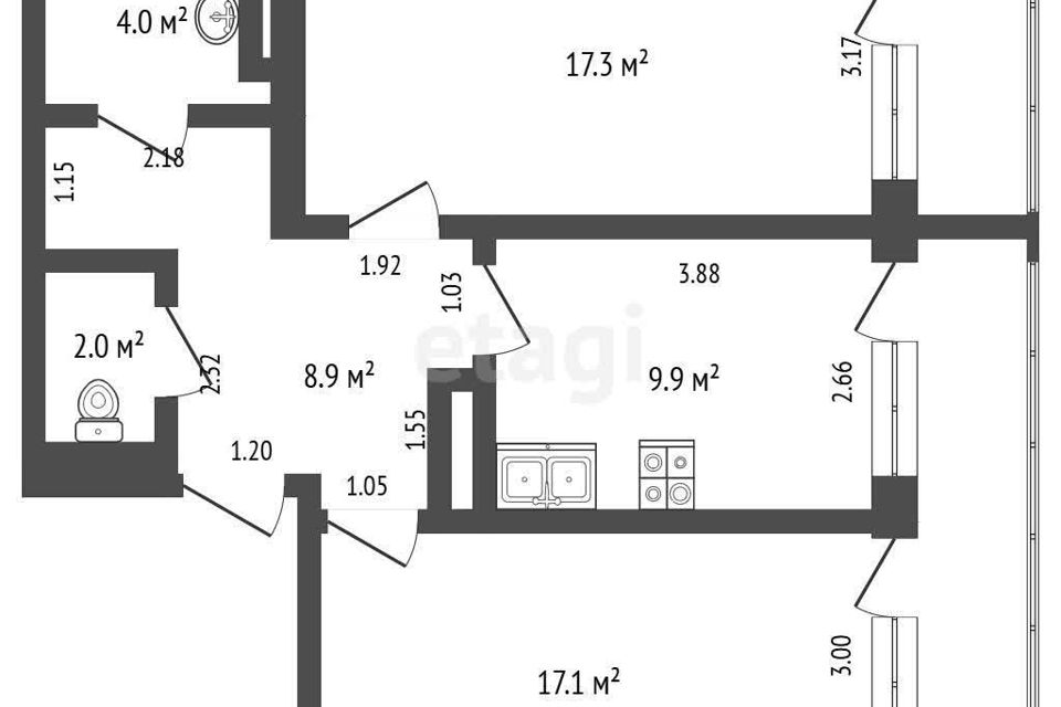 Продаётся 2-комнатная квартира, 59.2 м²