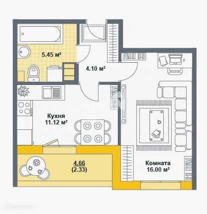 Продаётся 1-комнатная квартира, 39 м²