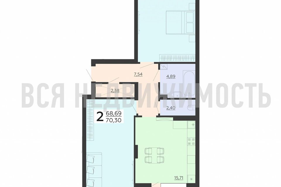 Продаётся 2-комнатная квартира, 68.69 м²